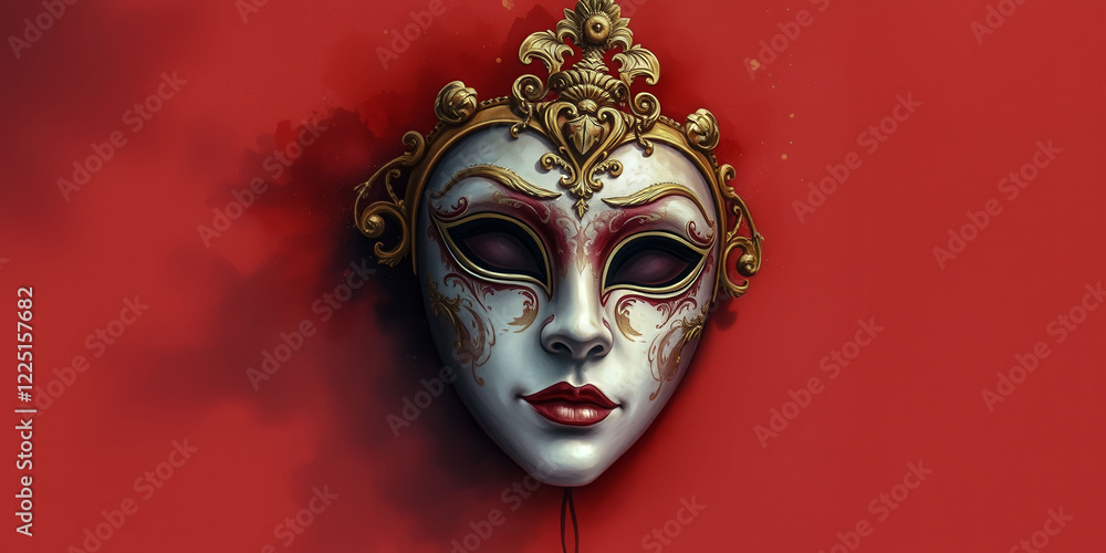A mask with gold trim and red background. The mask is white and has a red nose. The mask is surrounded by smoke A mask with gold trim and red background. The mask is white and has a red nose. The mask is surrounded by smoke