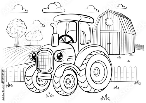 A digital vector illustration of tractor on farm. Cartoon style, black and white, ideal for children's books and coloring books.