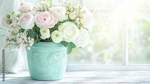 Bright pastel floral arrangement in light teal pot near sunlit window