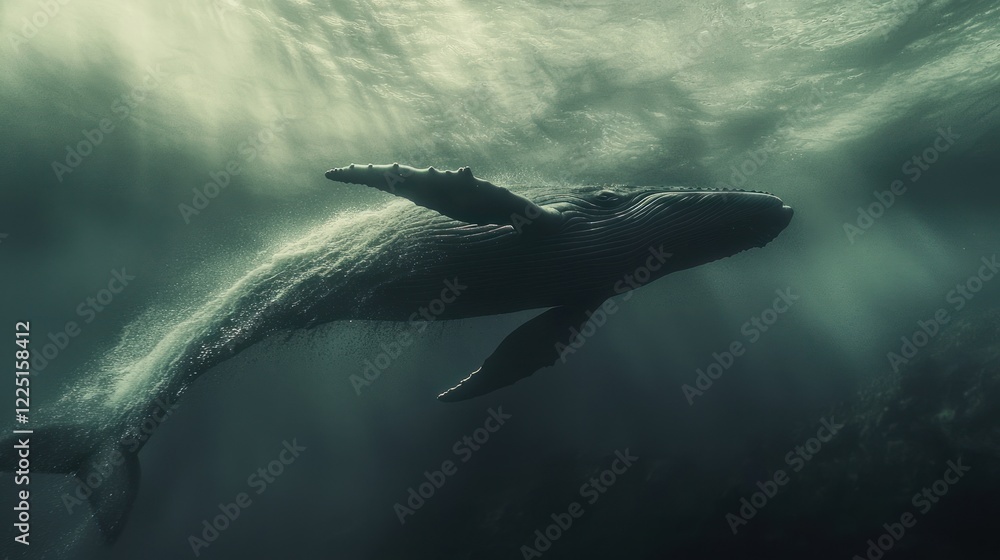 Fototapeta premium Majestic humpback whale swimming underwater, sunbeams illuminating its form.