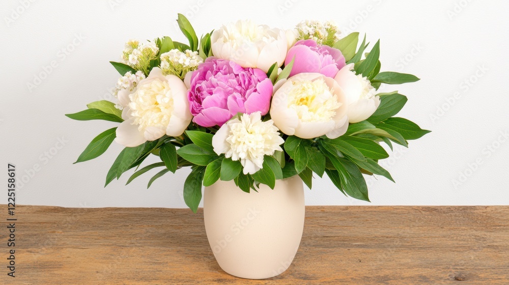 Elegant peony and carnation bouquet in a vase on wooden table with minimalist background Elegant peony and carnation bouquet in a vase on wooden table with minimalist background