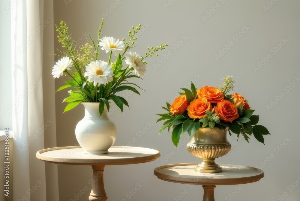 Sunlit floral arrangements in elegant vases on wooden side tables Sunlit floral arrangements in elegant vases on wooden side tables