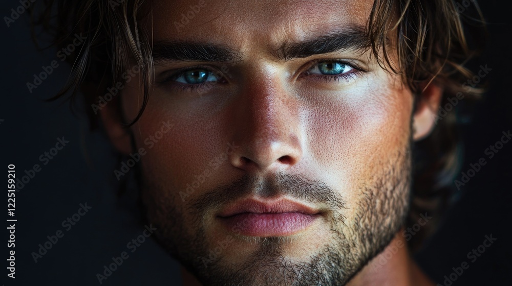 Obraz premium Close-up portrait of a handsome caucasian man with tousled brown hair and striking blue eyes against a dark background, showcasing facial features and skin texture.