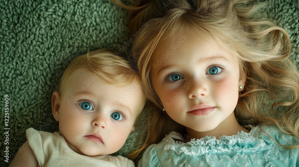 Portrait of a beautiful girl child with long blonde hair and blue eyes alongside a cute baby with blond hair on a green textured carpet background. Portrait of a beautiful girl child with long blonde hair and blue eyes alongside a cute baby with blond hair on a green textured carpet background.