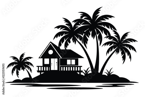 Tropical Island and Beach House Silhouette Clipart