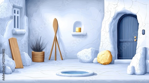 Cozy, Serene Winter Scene with Stone Walls, Wooden Paddle, Plants, and Blue Doorway photo