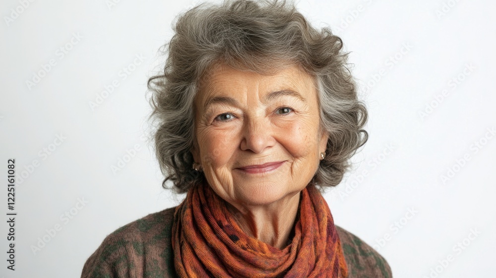 Smiling senior woman with curly gray hair wearing an orange scarf, posed against a clean white background, showcasing warmth and joy. Smiling senior woman with curly gray hair wearing an orange scarf, posed against a clean white background, showcasing warmth and joy.