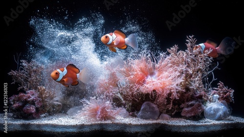 Colorful clownfish swimming among coral reefs in a vibrant aquarium scene photo