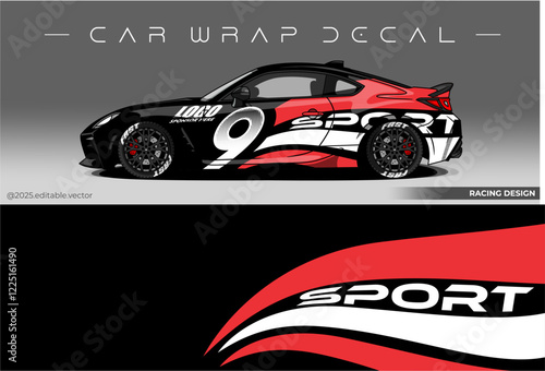Sport car wrap design. livery decal with black red colour. Sticker car vinyl suitable for racing, rally or daily use