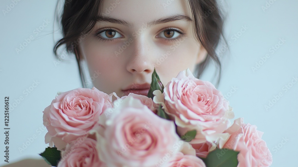 Portrait of young woman with delicate pink roses bouquet against soft white background showcasing natural beauty and freshness Portrait of young woman with delicate pink roses bouquet against soft white background showcasing natural beauty and freshness
