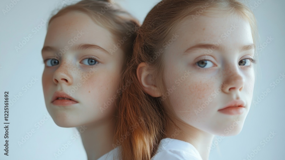 Twins Portrait Against Soft White Background with Light Freckles, Blue Eyes, and Long Hair in Neutral Tones.