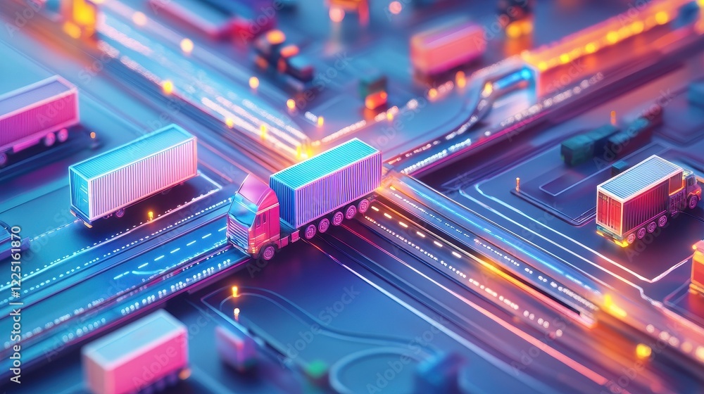 Obraz premium Logistics icons, vibrant interconnected pathways, 3D illustration. 