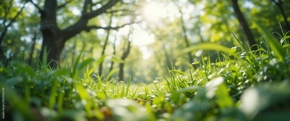 Fototapeta premium Sunlight filters through the trees illuminating the lush green grass in the forest