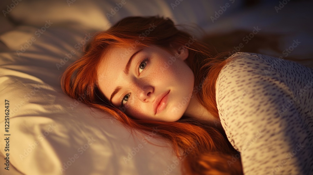 Serene portrait of a beautiful young woman with long red hair lying on a soft white bed, soft natural light enhancing her radiant features. Serene portrait of a beautiful young woman with long red hair lying on a soft white bed, soft natural light enhancing her radiant features.