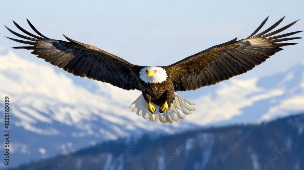 Majestic bald eagle in flight over snow-capped mountains. Majestic bald eagle in flight over snow-capped mountains.
