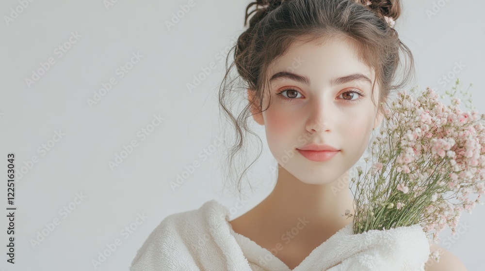 Young woman with curly hair holding delicate flowers, wearing a soft white towel, against a bright neutral background, conveying freshness and beauty. Young woman with curly hair holding delicate flowers, wearing a soft white towel, against a bright neutral background, conveying freshness and beauty.