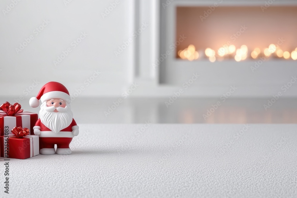 Fototapeta premium Cute santa figurine with gifts in cozy minimalist living room