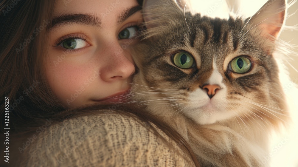 Young woman with long hair embracing adorable Siberian cat with striking green eyes in a bright room, close-up portrait, cozy atmosphere. Young woman with long hair embracing adorable Siberian cat with striking green eyes in a bright room, close-up portrait, cozy atmosphere.