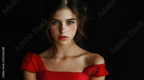 Young woman with long hair wearing a vibrant red off-shoulder dress, portrait against a deep black background, showcasing natural beauty and elegance.