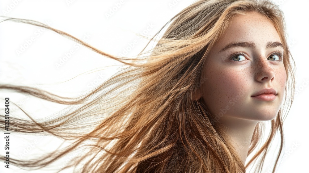 Fototapeta premium Young adult woman with long flowing fair hair and natural freckles, captured in a soft light against a white background, exuding a serene and gentle expression.