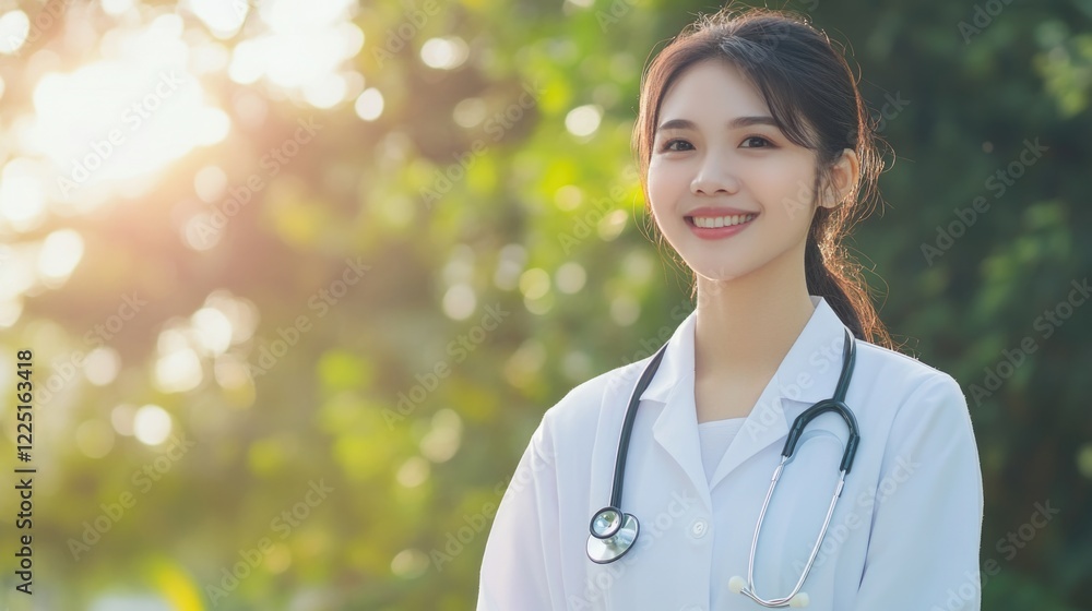 Young Asian female doctor in outdoor setting with stethoscope smiling against green blurred background during sunset lighting. Young Asian female doctor in outdoor setting with stethoscope smiling against green blurred background during sunset lighting.