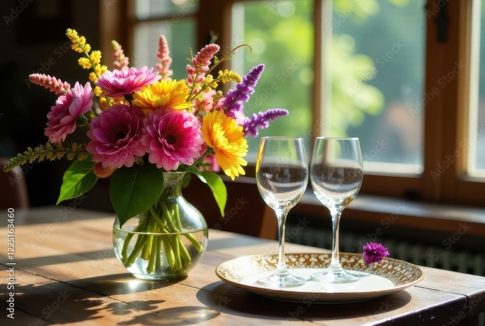 A vibrant bouquet of multicolored flowers in a clear glass vase, resting on a wooden table beside two empty wine glasses on an ornate tray, bathed in sunlight streaming through a nearby window. A vibrant bouquet of multicolored flowers in a clear glass vase, resting on a wooden table beside two empty wine glasses on an ornate tray, bathed in sunlight streaming through a nearby window.