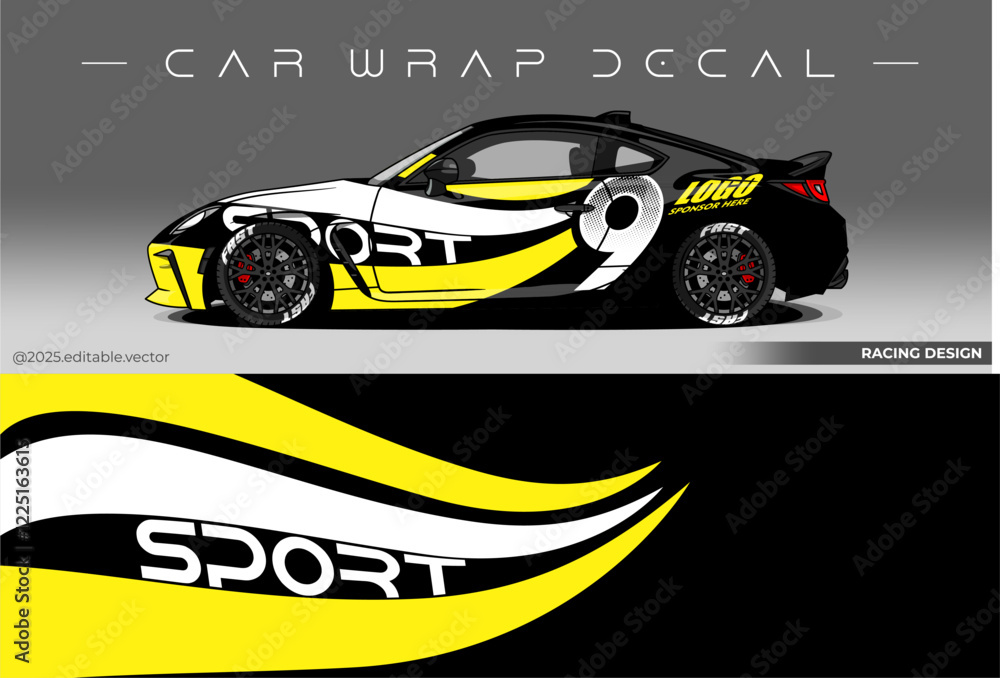 Fototapeta premium Sport car wrap design. livery decal with black yellow colour. Sticker car vinyl suitable for racing, rally or daily use