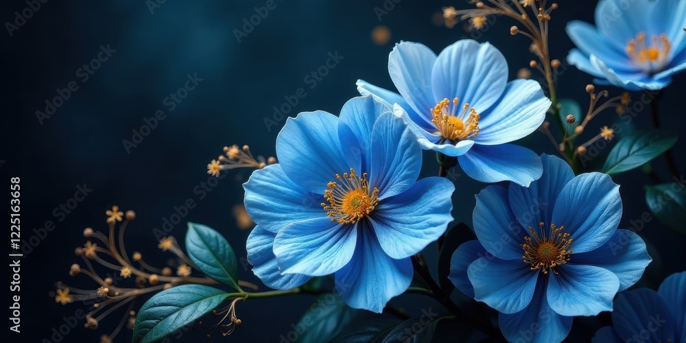 A captivating close-up showcasing the vibrant hues and intricate details of a cluster of delicate blue blossoms, their soft petals gently unfurling against a dark backdrop A captivating close-up showcasing the vibrant hues and intricate details of a cluster of delicate blue blossoms, their soft petals gently unfurling against a dark backdrop