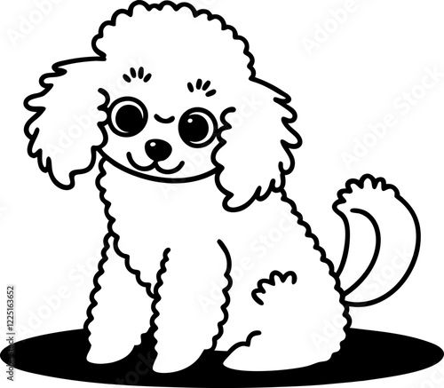 Cute Fluffy Poodle Puppy Vector Illustration, Adorable Dog Art in Black and White