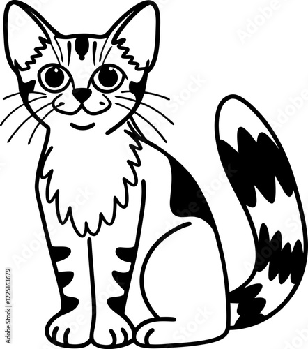 Cute black and white cat with striped tail, children's illustration, playful pet graphic, vector art