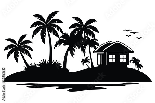Silhouette of a tropical gazebo on a hill with palm trees