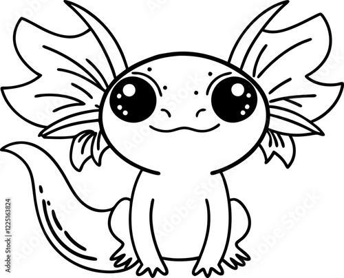 Cute illustrated baby axolotl with large eyes and gills, line art style, vector illustration, mythical creature