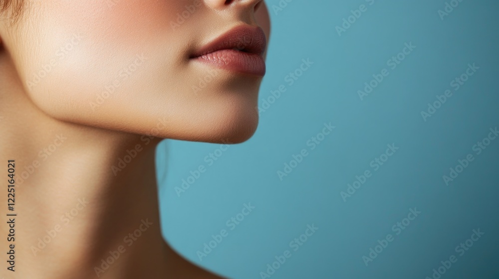Cropped close-up of a beautiful young woman with silky smooth skin and soft lips against a pastel blue background showcasing elegance and grace. Cropped close-up of a beautiful young woman with silky smooth skin and soft lips against a pastel blue background showcasing elegance and grace.
