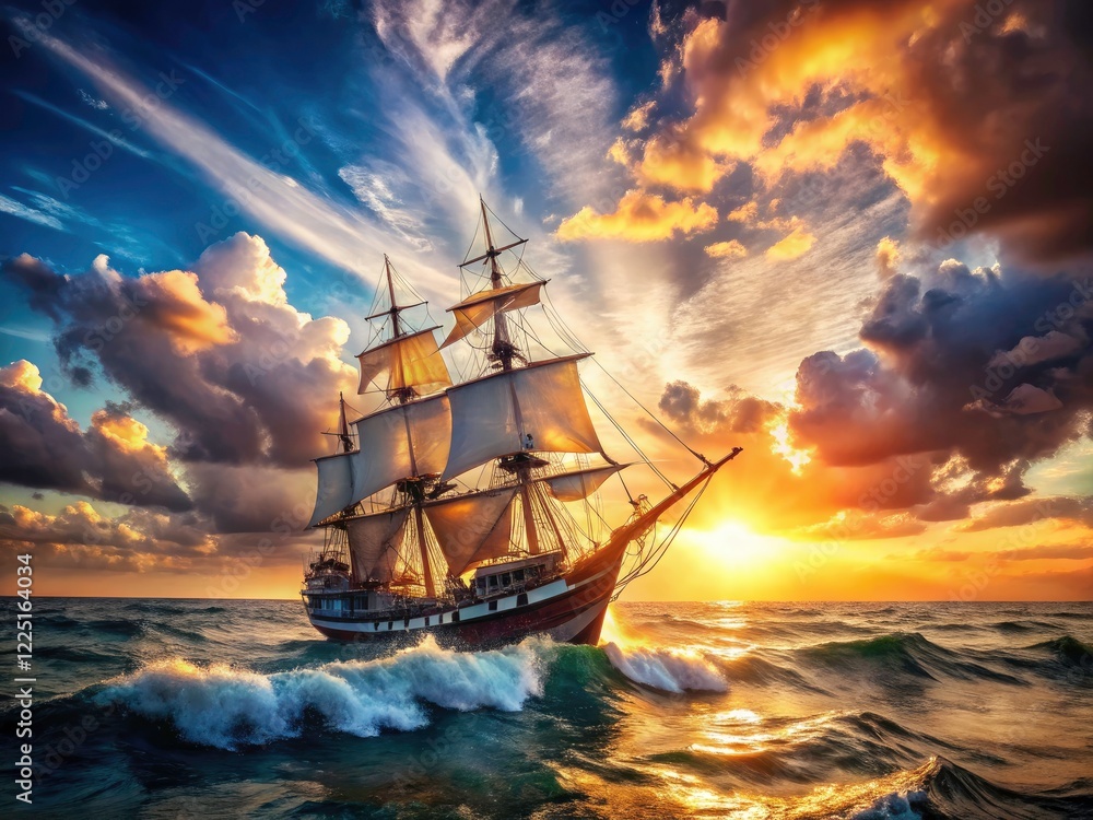 Fototapeta premium Antique ship sails the sea; a retro ocean liner's journey through maritime history, captured in artwork.