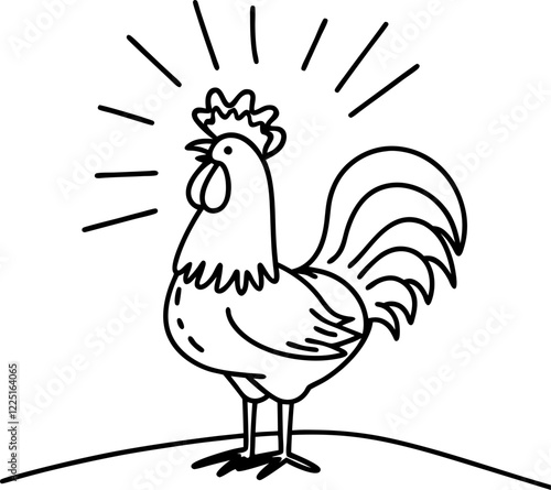 Rooster crowing at sunrise, black and white line art illustration, vector farm animal, morning wake up