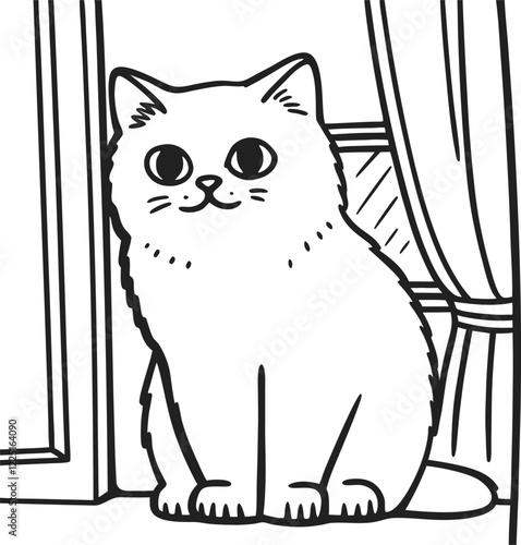 Cute Cat Sitting by Window, Adorable Pet Illustration, Feline Art, Black and White Vector