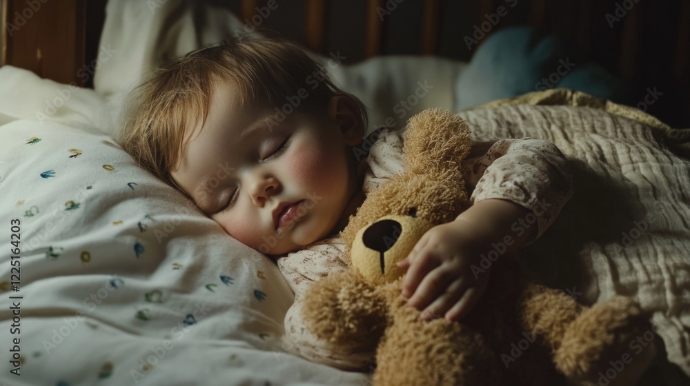 Peaceful sleeping infant on soft bedding, cuddling a plush toy bear, in a cozy, dimly lit nursery, featuring warm pastel colors and gentle textures. Peaceful sleeping infant on soft bedding, cuddling a plush toy bear, in a cozy, dimly lit nursery, featuring warm pastel colors and gentle textures.