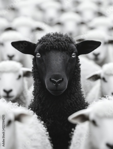 Une photographie d'un seul mouton noir se détachant au milieu d'un troupeau infini de moutons blancs