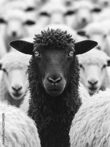 Une photographie d'un seul mouton noir se détachant au milieu d'un troupeau infini de moutons blancs photo