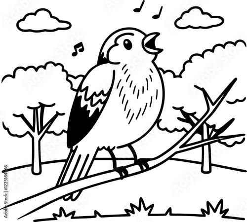 Singing bird perched on tree branch in nature, forest scenery, black and white line art illustration