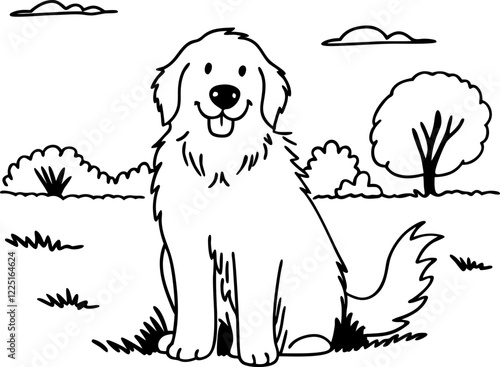 Happy dog sitting in a grassy field, outdoor illustration, pet friendly scene