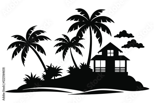 Silhouette of a tropical gazebo on a hill with palm trees