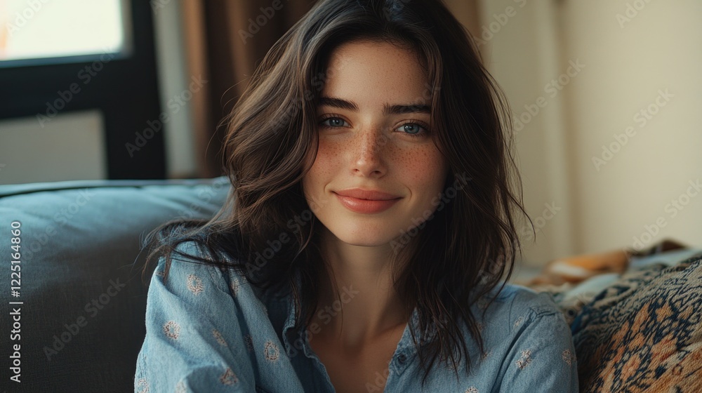 Naklejka premium Closeup portrait of smiling young woman with dark brown hair and freckles sitting on gray couch in cozy living room wearing casual blue shirt.
