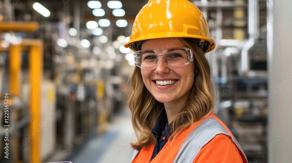 Smiling female engineer in orange safety vest and yellow hard hat holding tablet in modern factory with industrial machinery and bright lights. Smiling female engineer in orange safety vest and yellow hard hat holding tablet in modern factory with industrial machinery and bright lights.