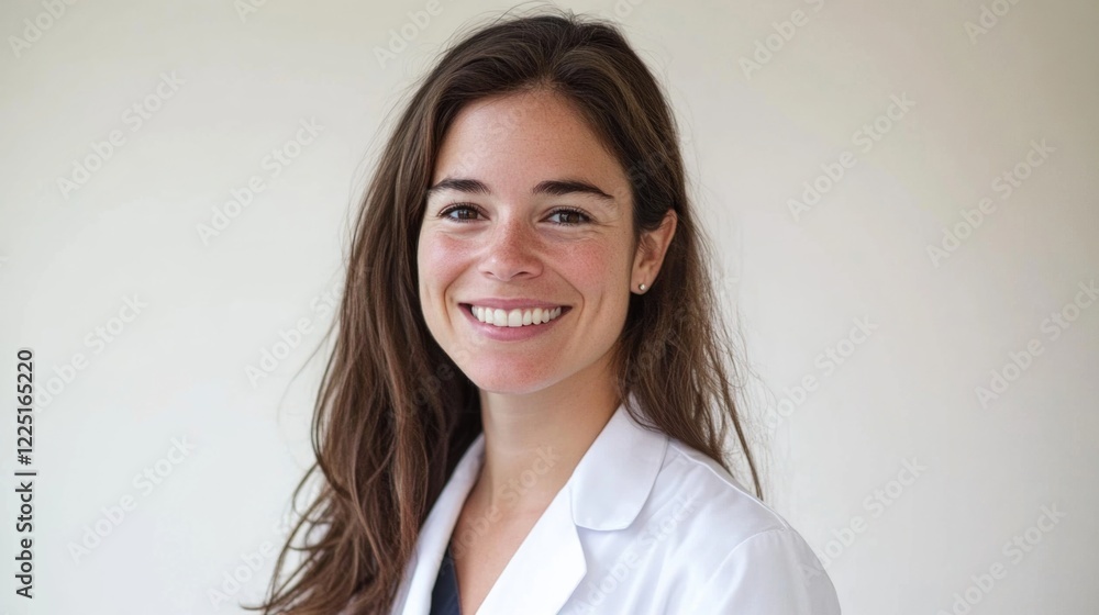 Smiling young female doctor in a professional white lab coat showcasing confidence against a soft neutral background. Smiling young female doctor in a professional white lab coat showcasing confidence against a soft neutral background.