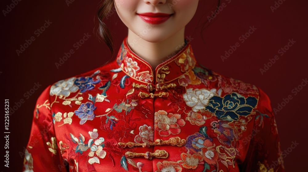 Traditional Chinese Woman in Red Floral Cheongsam Smiling for Lunar New Year Celebration and Festive Studio Portrait with Dark Red Background Traditional Chinese Woman in Red Floral Cheongsam Smiling for Lunar New Year Celebration and Festive Studio Portrait with Dark Red Background