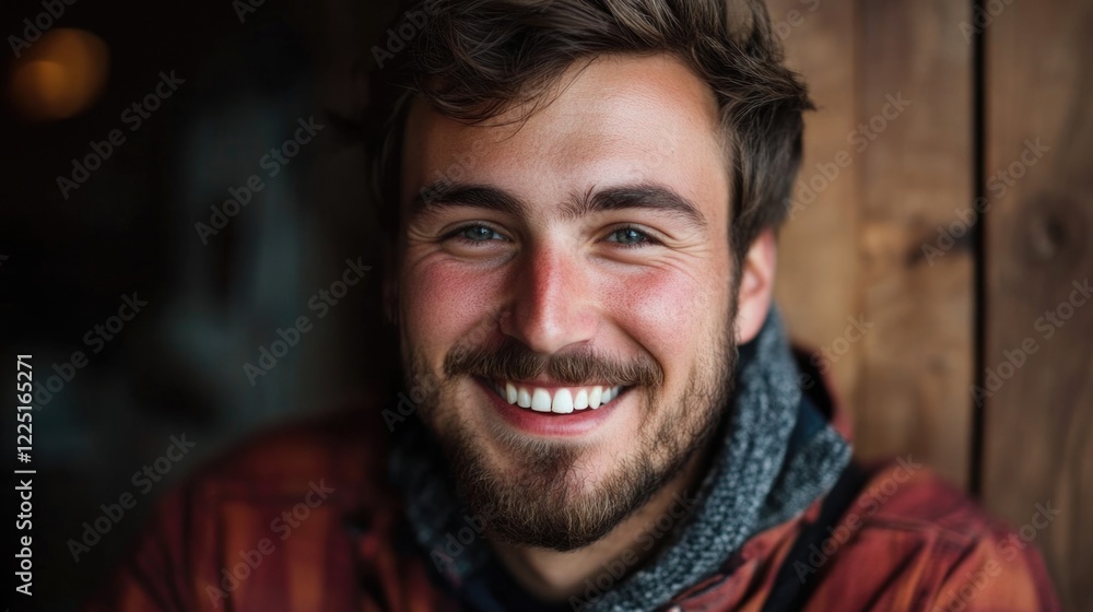 Happy young man with beard in checkered shirt smiling warmly against wooden background in cozy indoor setting. Happy young man with beard in checkered shirt smiling warmly against wooden background in cozy indoor setting.