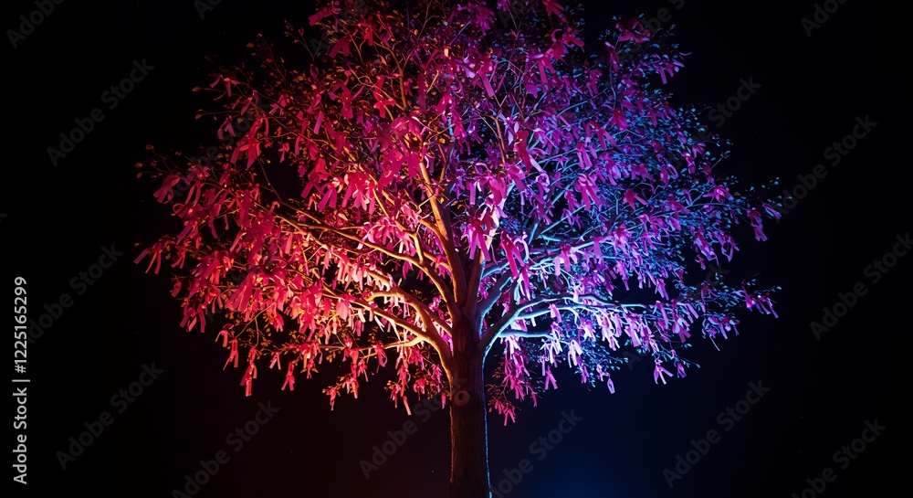 Illuminated tree, dark night, pink and purple ribbons, memorial support. Illuminated tree, dark night, pink and purple ribbons, memorial support.