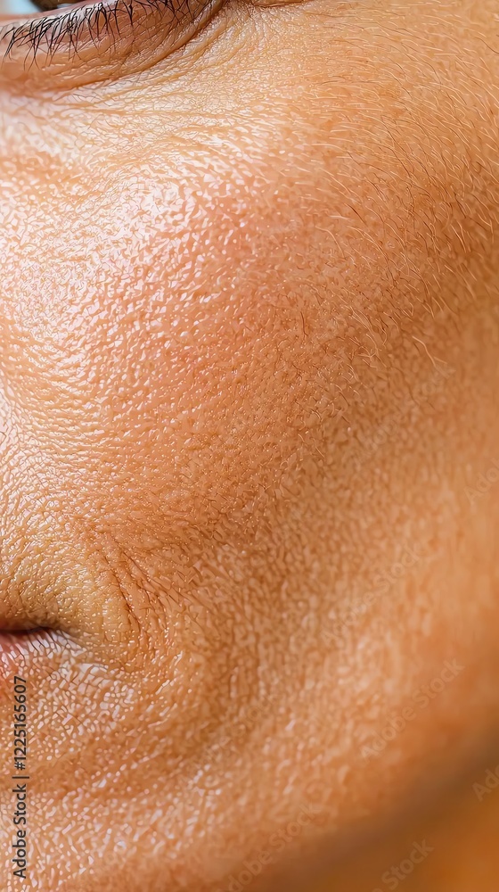 Fototapeta premium Facial skin texture concept. Extreme close-up of mature skin texture, emphasizing the depth of wrinkles and natural imperfections, soft shadows, sharp detail