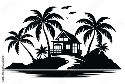 Tropical island and beach house silhouette clipart black and white vector illustration